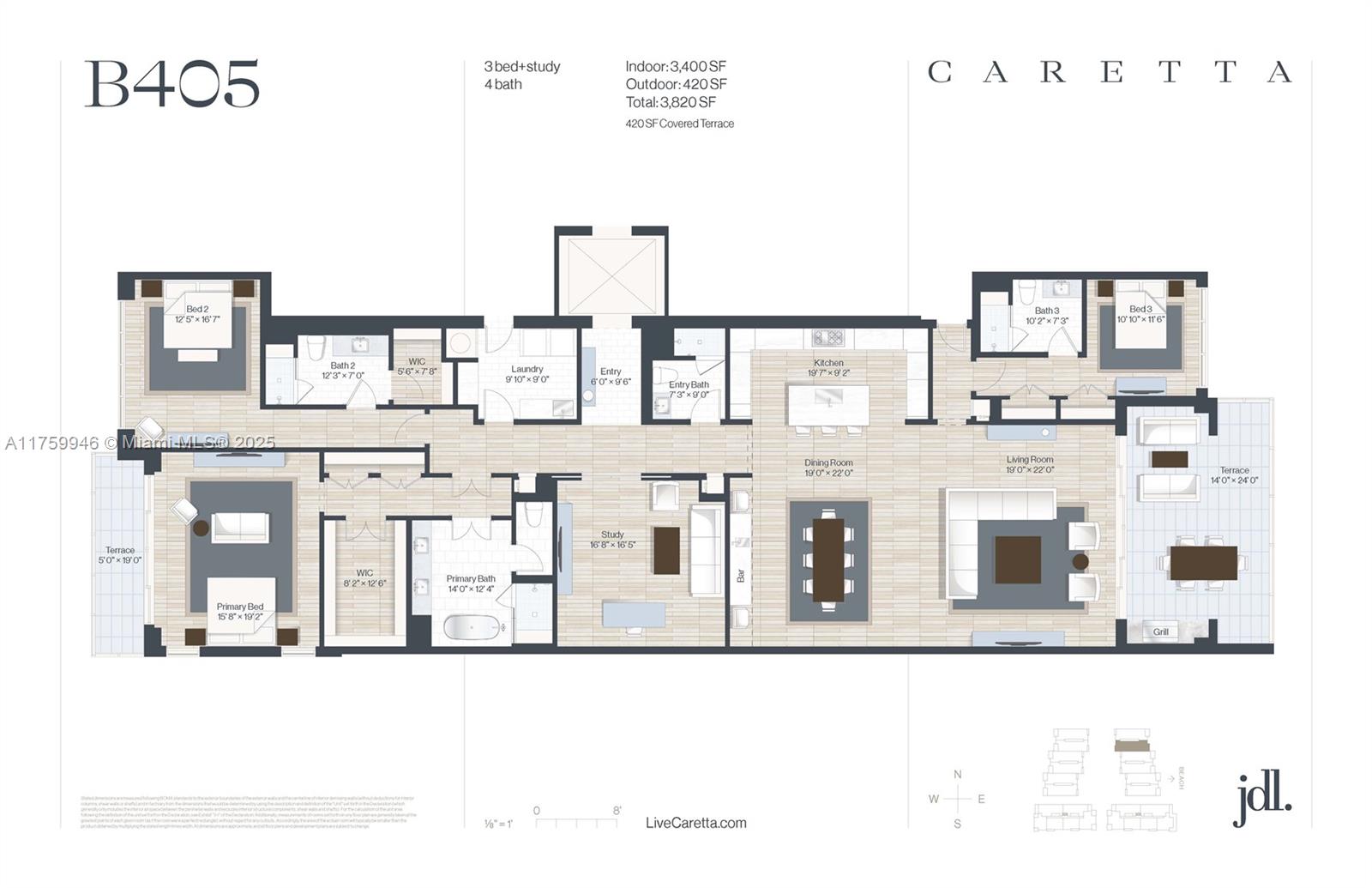 This is a floor plan for a three-bedroom, four-bathroom residential unit with two terraces — 1011 US Highway One # B405, Juno Beach FL 33408, JUNO BEACH, FL