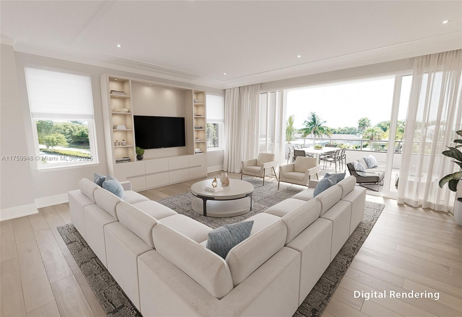 This digital rendering shows a modern living room with a large sectional, built-in shelving, and balcony — 1011 US Highway One # B405, Juno Beach FL 33408, JUNO BEACH, FL