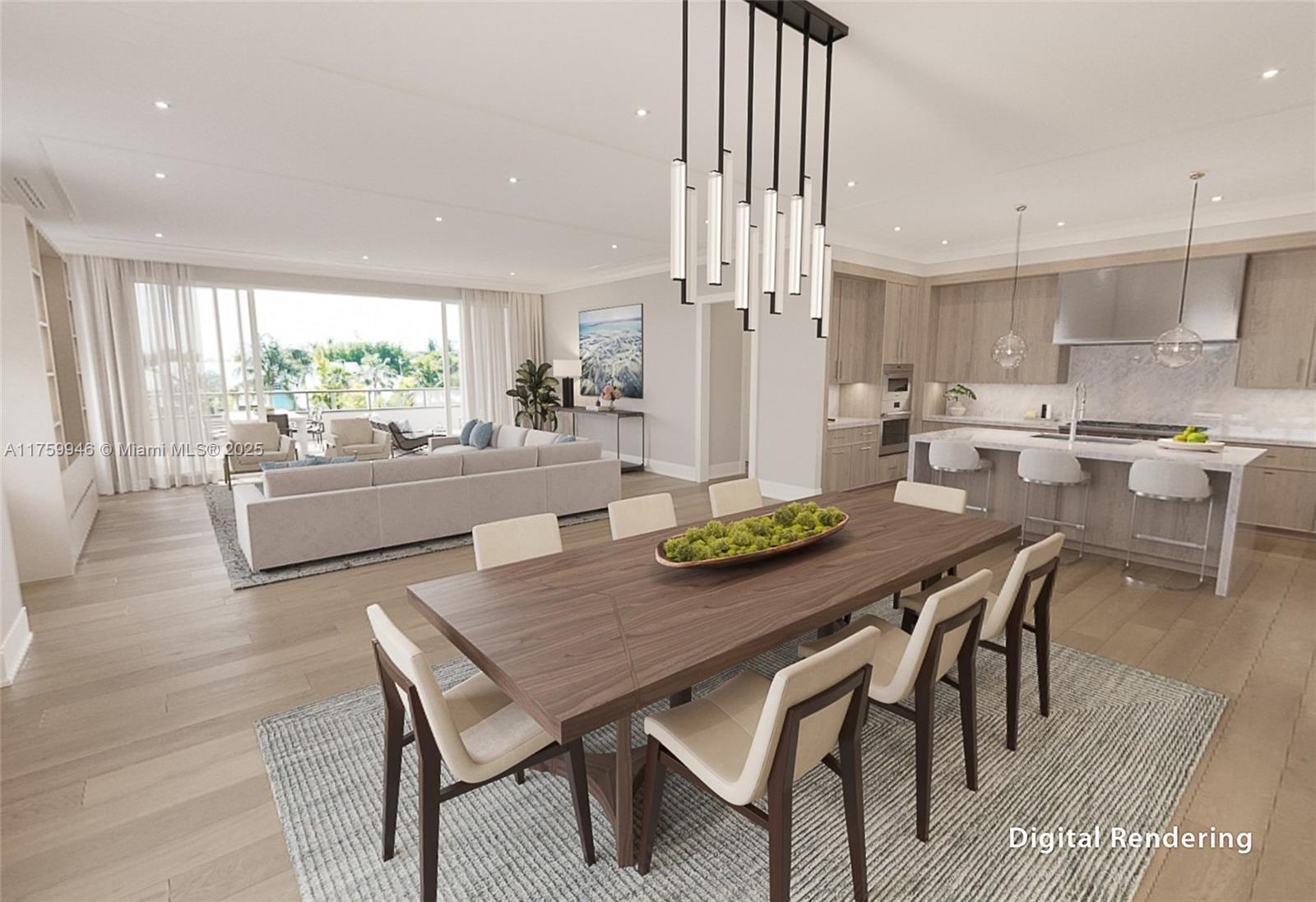This digital rendering shows an open-concept living and dining area with modern wood finishes — 1011 US Highway One # B405, Juno Beach FL 33408, JUNO BEACH, FL