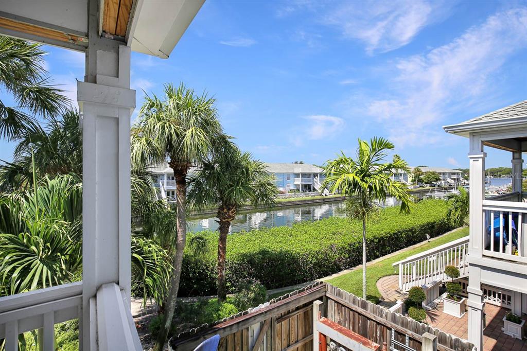 A view from a balcony overlooking a canal, palm trees, and neighboring residential buildings — 4995 COBIA DRIVE SE UNIT D, ST PETERSBURG, FL