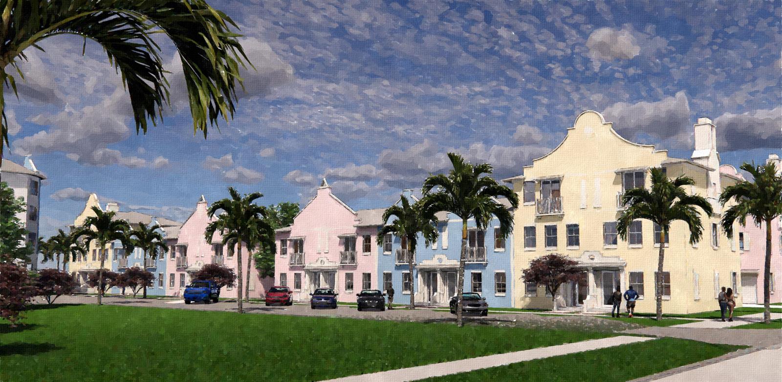 This architectural rendering shows a row of colorful townhouses with palm trees and parked cars — 1101 W 11th Street, Riviera Beach FL 33404, RIVIERA BEACH, FL