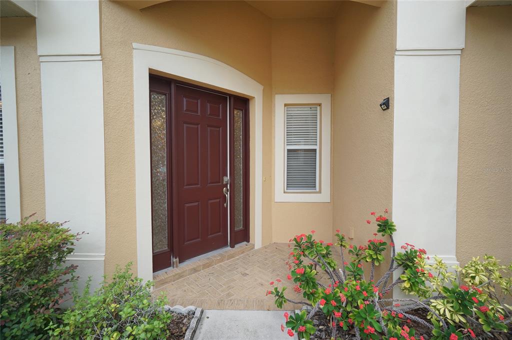 A front entryway features a dark red door with sidelights, a window, and tiled flooring — 20638 AMANDA OAK COURT, LAND O LAKES, FL