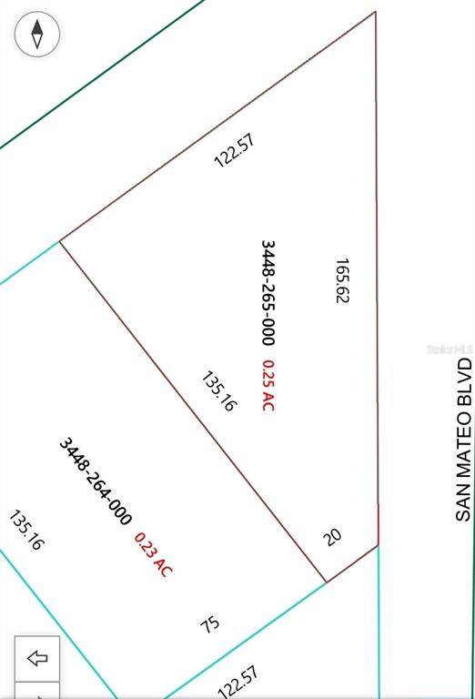 This is a property map showing two adjacent land parcels along San Mateo Boulevard — TBD S SAN ANGELO PARKWAY, DUNNELLON, FL
