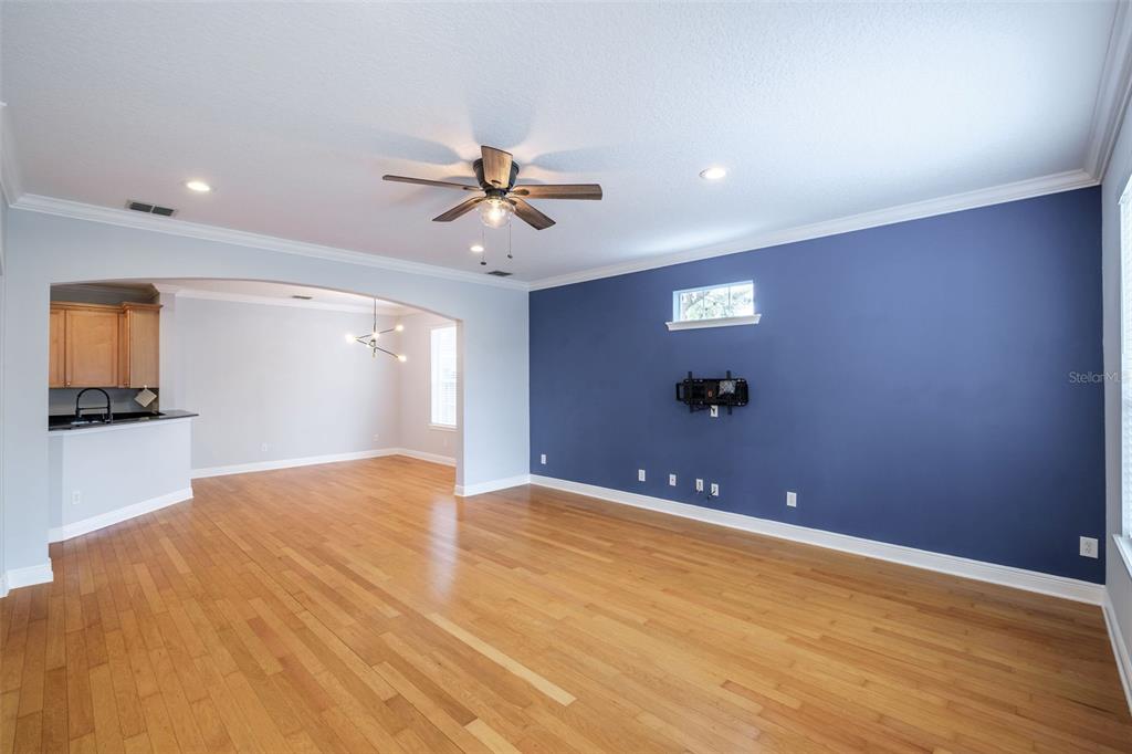 A living room with hardwood floors, a dark blue accent wall, and an arched entryway — 1807 HAMMERLIN AVENUE UNIT G, WINTER PARK, FL