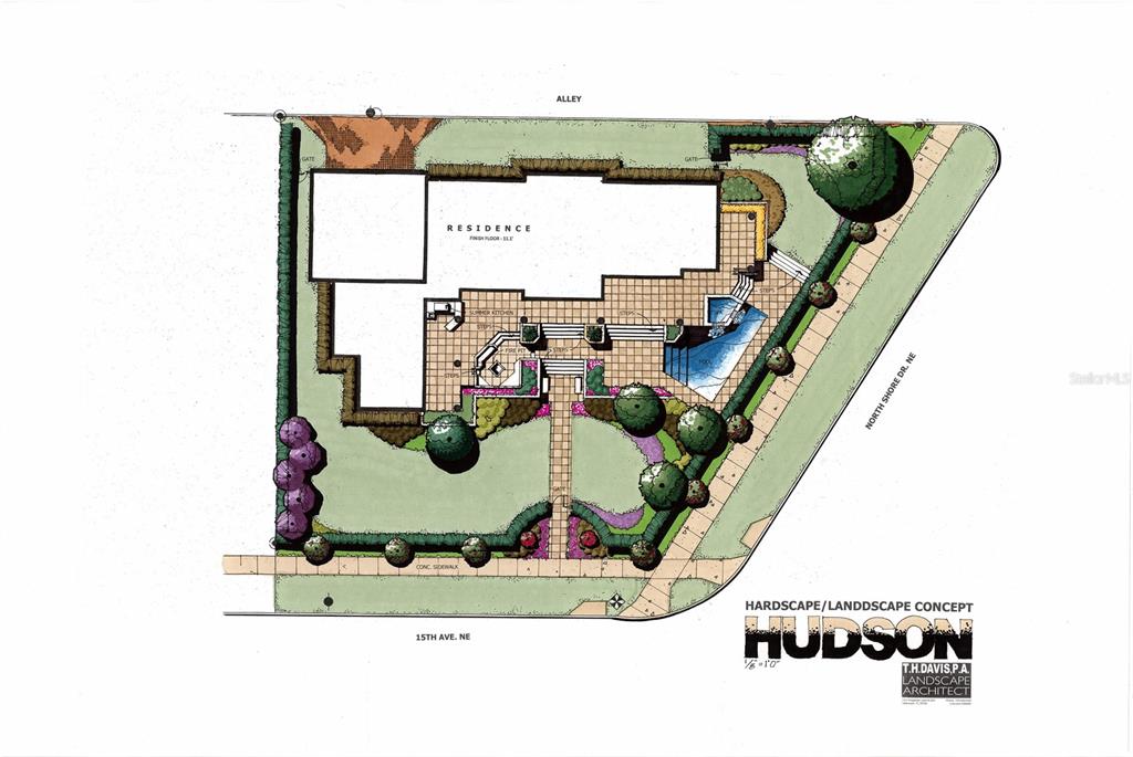 This is a landscape architectural rendering showing a residential lot with a pool and patio — 1500 N SHORE DRIVE NE, ST PETERSBURG, FL