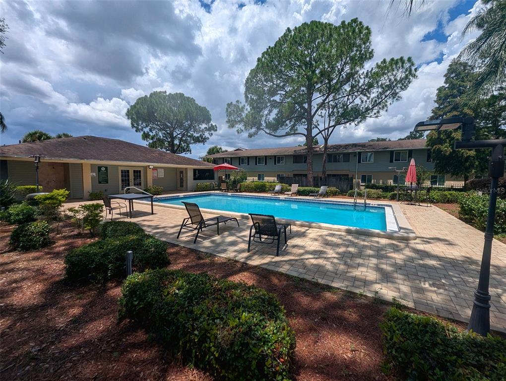 An outdoor swimming pool surrounded by a paved deck, lounge chairs, and apartment buildings — 228 THORN TREE PLACE UNIT 228, BRANDON, FL