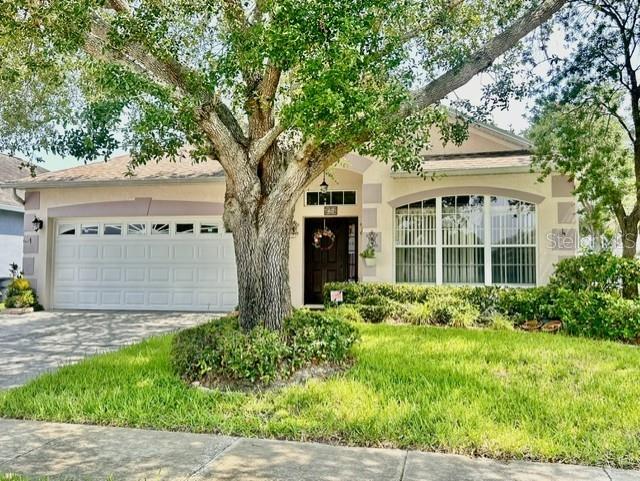 A single-story house with a two-car garage, a large tree in the front yard — 9955 MEDALLION BLUFF LANE, ORLANDO, FL
