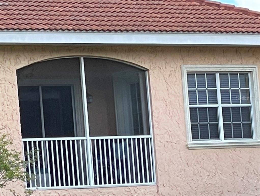 A stucco exterior wall features a screened arched opening and a rectangular window with grids — 6801 DALI AVENUE UNIT 206, LAND O LAKES, FL