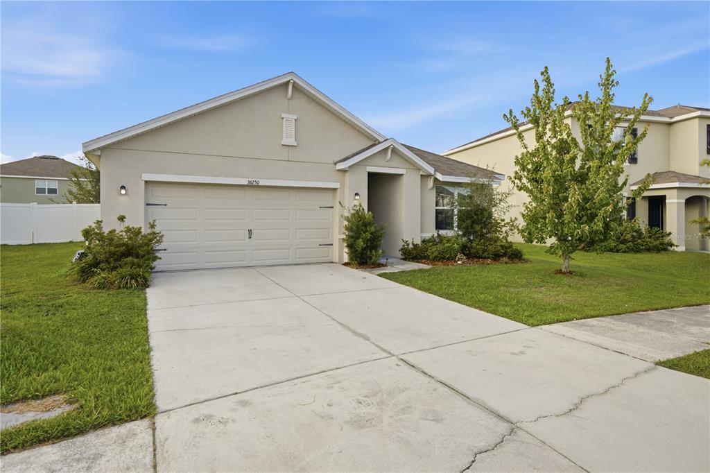 A single-story house with a beige stucco exterior, a two-car garage, and a concrete driveway — 36250 JENNY LYNNE DRIVE, ZEPHYRHILLS, FL