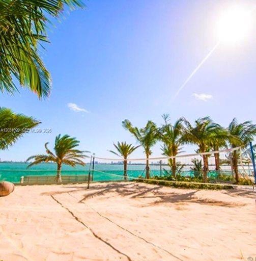A sandy volleyball court sits in front of palm trees and a blue ocean view — 2900 NE 7th Ave # 2901, Miami FL 33137, MIAMI, FL