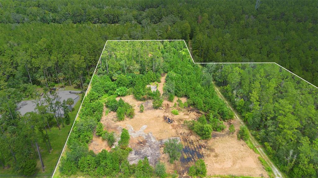 An aerial view shows a partially cleared, wooded lot with a white property boundary outline — 10951 E HIGHWAY 40, SILVER SPRINGS, FL
