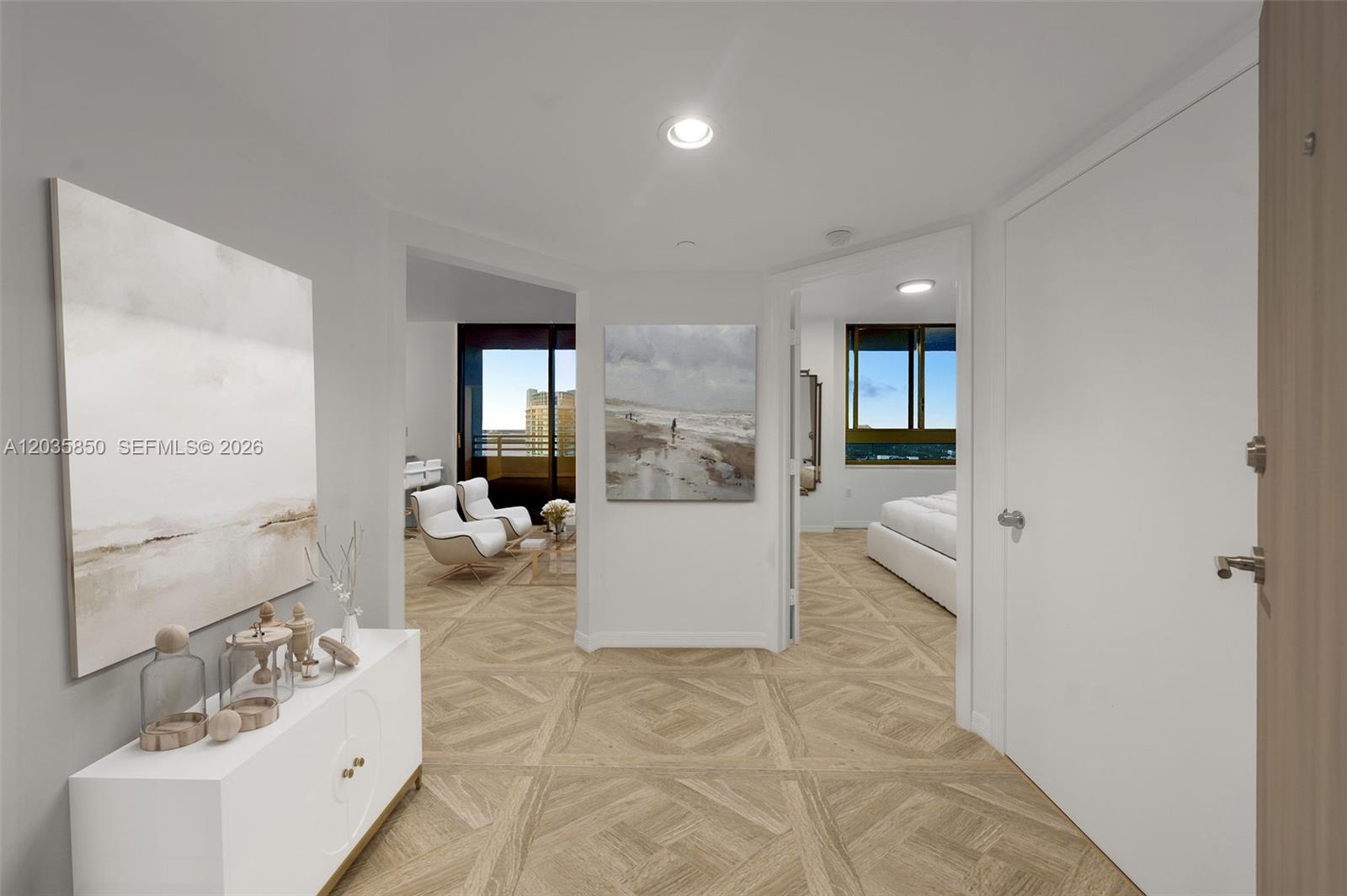 This rendering shows a hallway with patterned wood flooring leading to a living area and bedroom — 1330 West Ave # 3009, Miami Beach FL 33139, MIAMI BEACH, FL