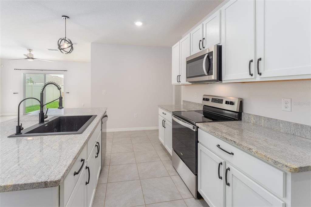 A kitchen with white cabinets, granite countertops, a black sink, and stainless steel appliances — 17031 BLISTER WING DRIVE, WIMAUMA, FL