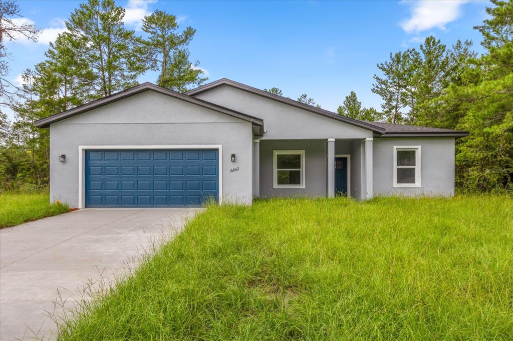 A single-story gray house with a blue garage door and a concrete driveway at sunset — 16862 SW 40TH CIR, OCALA, FL