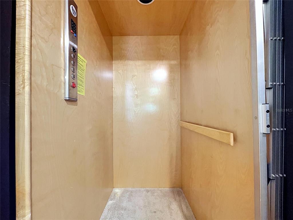 A residential elevator with wood-paneled walls sits beside a carpeted hallway in a home — 10144 ARBOR RUN DRIVE UNIT 31, TAMPA, FL