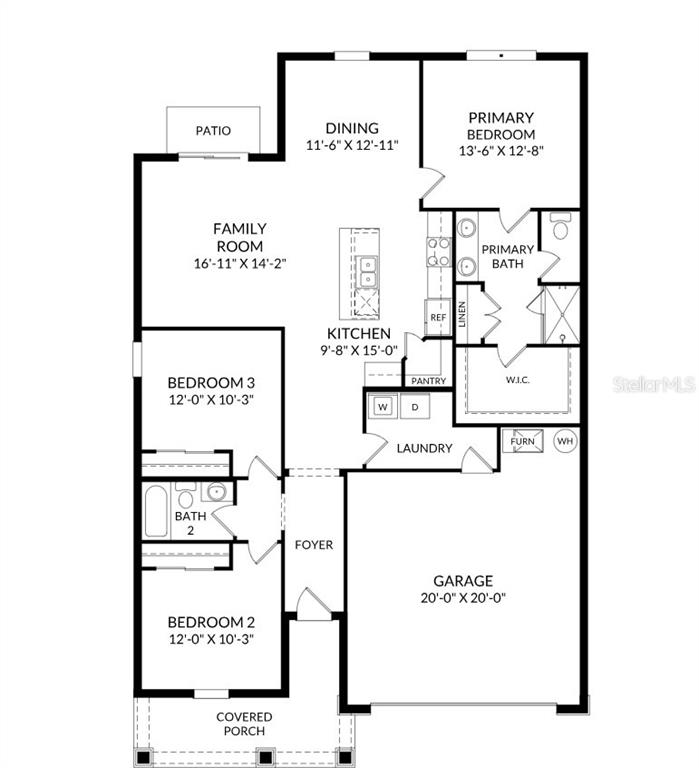 This is a floor plan for a three-bedroom house with an attached two-car garage — 6747 WINTERBERRY DRIVE, LAKE HAMILTON, FL