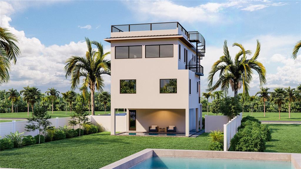 A digital rendering of a three-story modern house with a rooftop deck and backyard pool — 180 MOCKINGBIRD LANE, ENGLEWOOD, FL