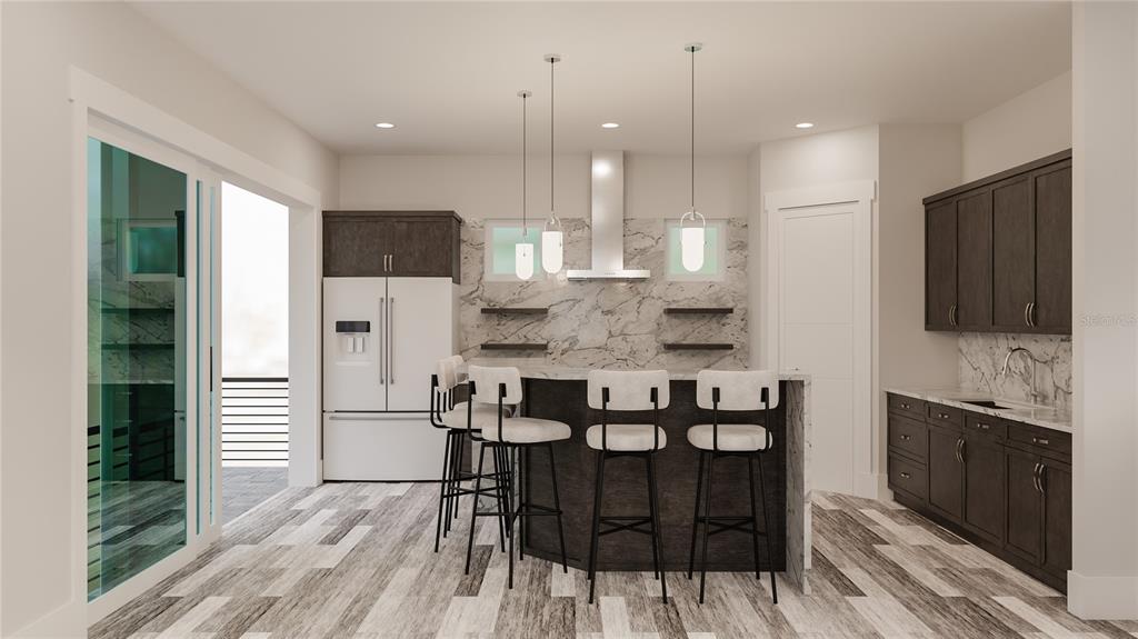 This rendering shows a kitchen with dark cabinetry, a marble backsplash, and a breakfast bar — 180 MOCKINGBIRD LANE, ENGLEWOOD, FL