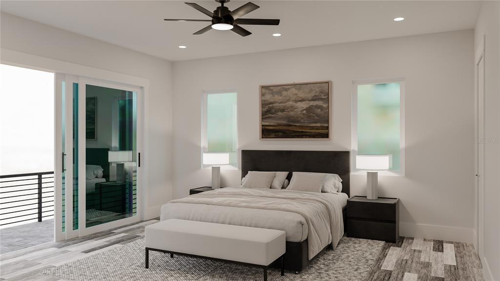 This rendering shows a modern bedroom with a bed, nightstands, and a sliding glass door — 180 MOCKINGBIRD LANE, ENGLEWOOD, FL