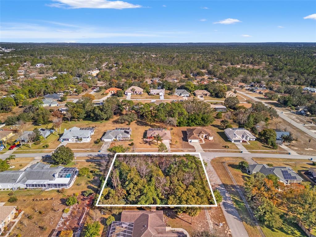 An aerial view shows a vacant, wooded residential lot outlined in white within a neighborhood — SEBASTIAN DRIVE, SPRING HILL, FL