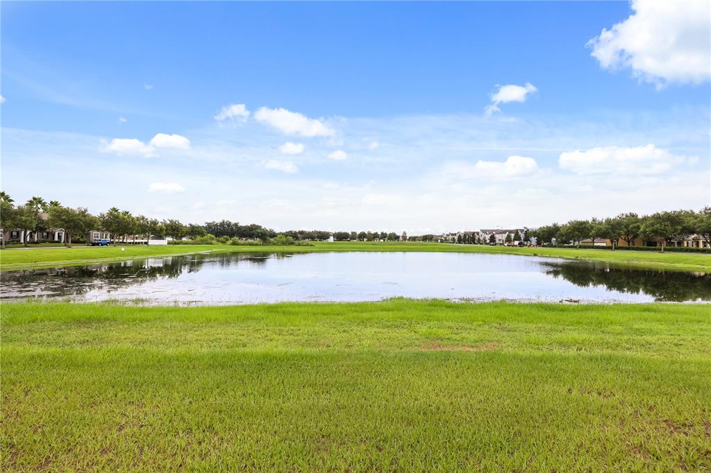 A grassy lawn overlooks a pond with residential houses in the background under a blue sky — 7668 FAIRGROVE AVENUE, WINDERMERE, FL