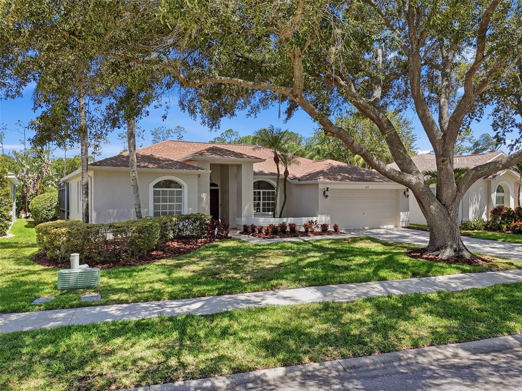 A single-story house with a beige exterior, a two-car garage, and a large oak tree — 859 INVERRY DRIVE, OLDSMAR, FL