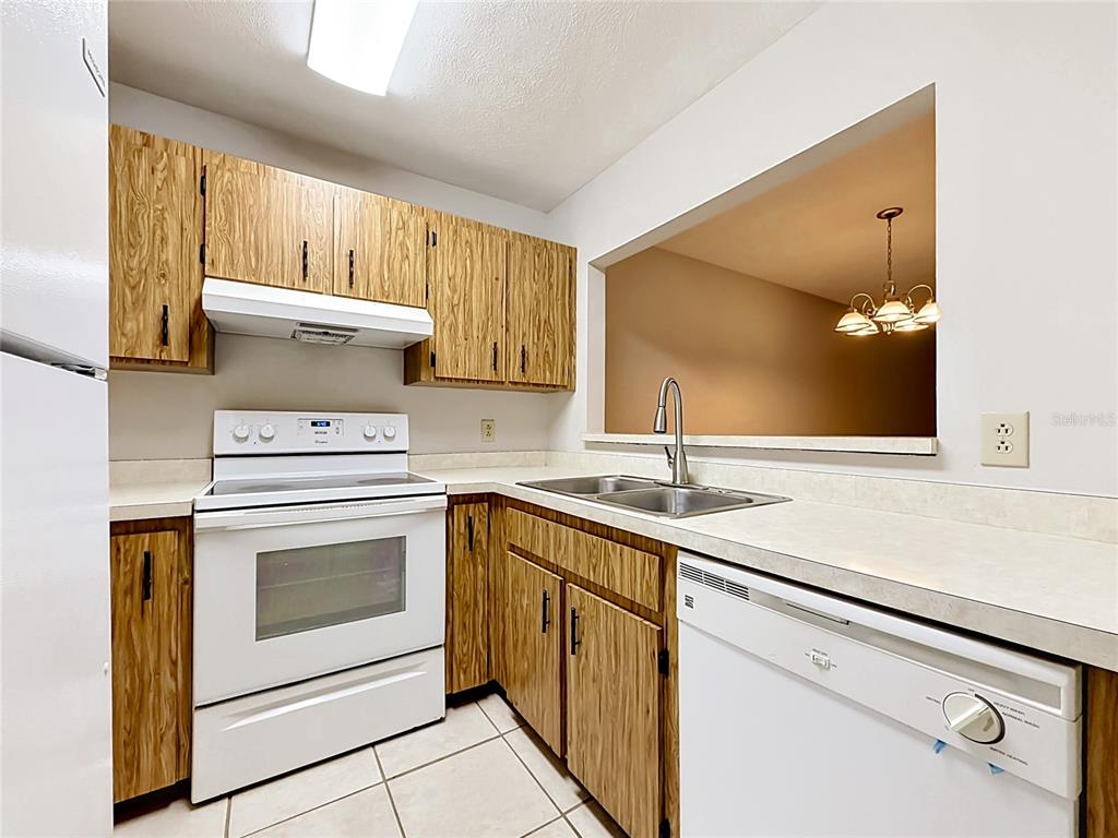 A kitchen features wood-grain cabinets, white appliances, a double sink, and a pass-through window — 2113 NE 38TH AVENUE, OCALA, FL