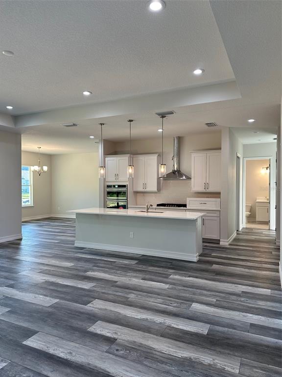 A modern kitchen features white cabinetry, a central island, and wood-look flooring — 19364 SHELTERED HILL DRIVE, BROOKSVILLE, FL