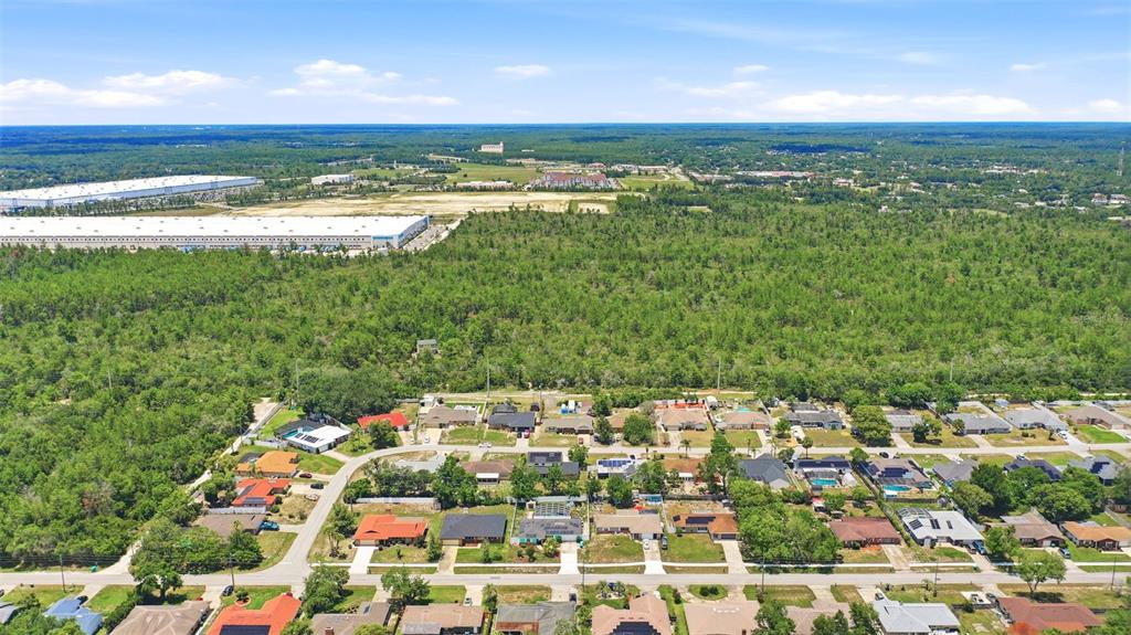 An aerial view shows a rectangular plot of land outlined in white amidst a wooded area — SOUTH AVENUE, DELTONA, FL
