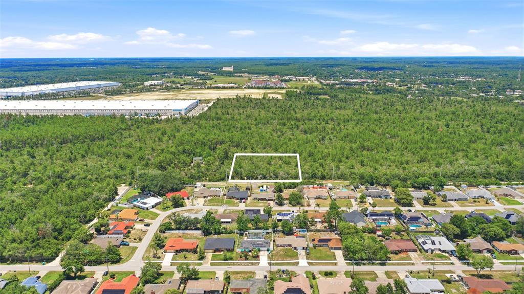 An aerial view shows a residential neighborhood bordering a large expanse of undeveloped forest land — SOUTH AVENUE, DELTONA, FL
