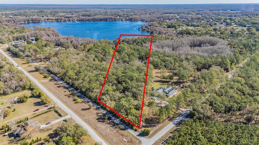 An aerial view shows a wooded lot outlined in red near a lake and road — 5504 SUN UP ROAD, LAND O LAKES, FL