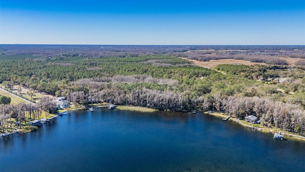 An aerial view shows a lake surrounded by trees and several houses along the shore — 5504 SUN UP ROAD, LAND O LAKES, FL