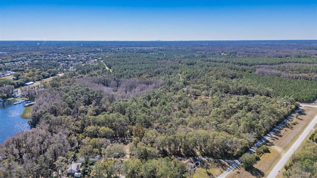 An aerial view shows a wooded lot bordering a lake next to a paved road — 5504 SUN UP ROAD, LAND O LAKES, FL