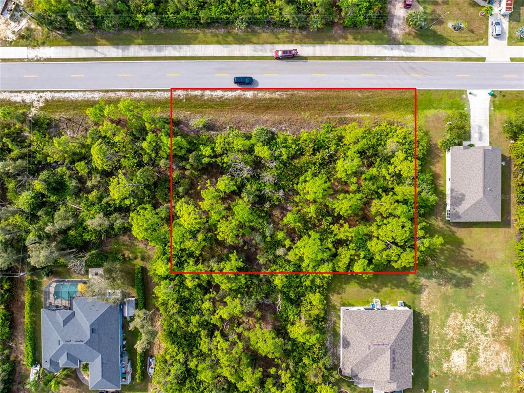 An aerial view shows a rectangular, wooded vacant lot outlined in red beside a road — 9412 HALLENDALE DRIVE, PORT CHARLOTTE, FL