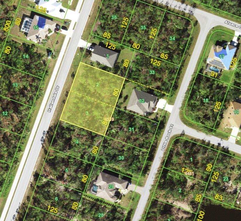 This is a satellite map showing two adjacent vacant residential lots highlighted in yellow — 9412 HALLENDALE DRIVE, PORT CHARLOTTE, FL