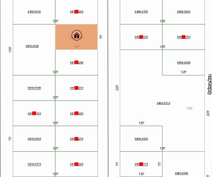 This is a property map showing multiple rectangular land parcels with dimensions and identification numbers — 006 Creager Avenue, FL 32148, FL