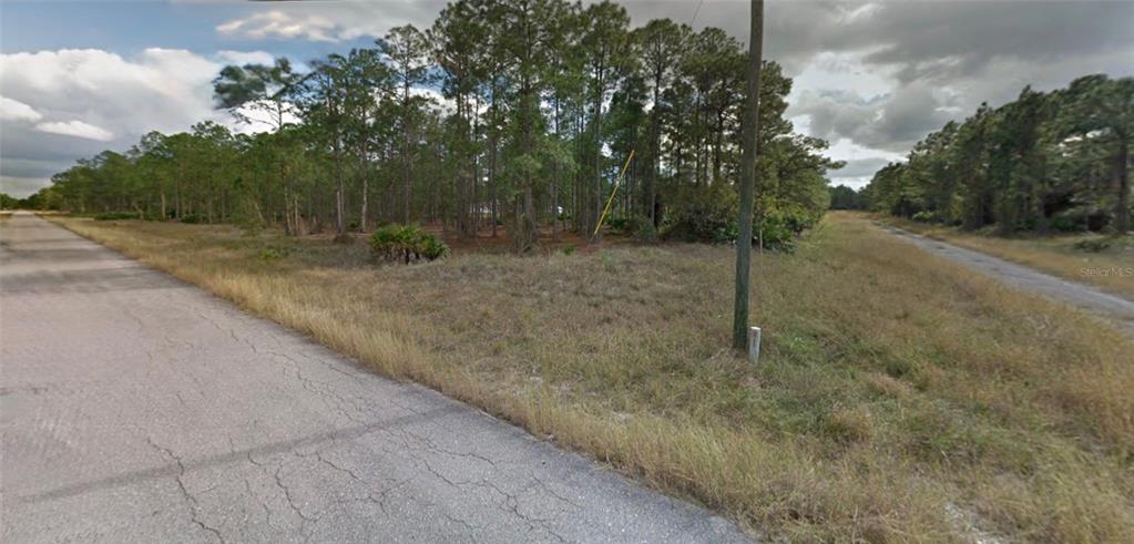 A vacant, grassy corner lot features scattered pine trees and two intersecting paved roads — 22 LOUIS AVENUE, LEHIGH ACRES, FL