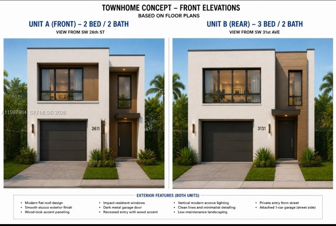 A rendering of two modern townhome front elevations featuring flat roofs and wood-look accent paneling — 3180 SW 26th St, Miami FL 33133, MIAMI, FL