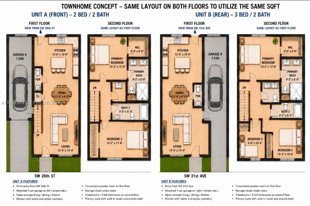 This floor plan rendering shows two-story layouts for two townhome units with garages — 3180 SW 26th St, Miami FL 33133, MIAMI, FL