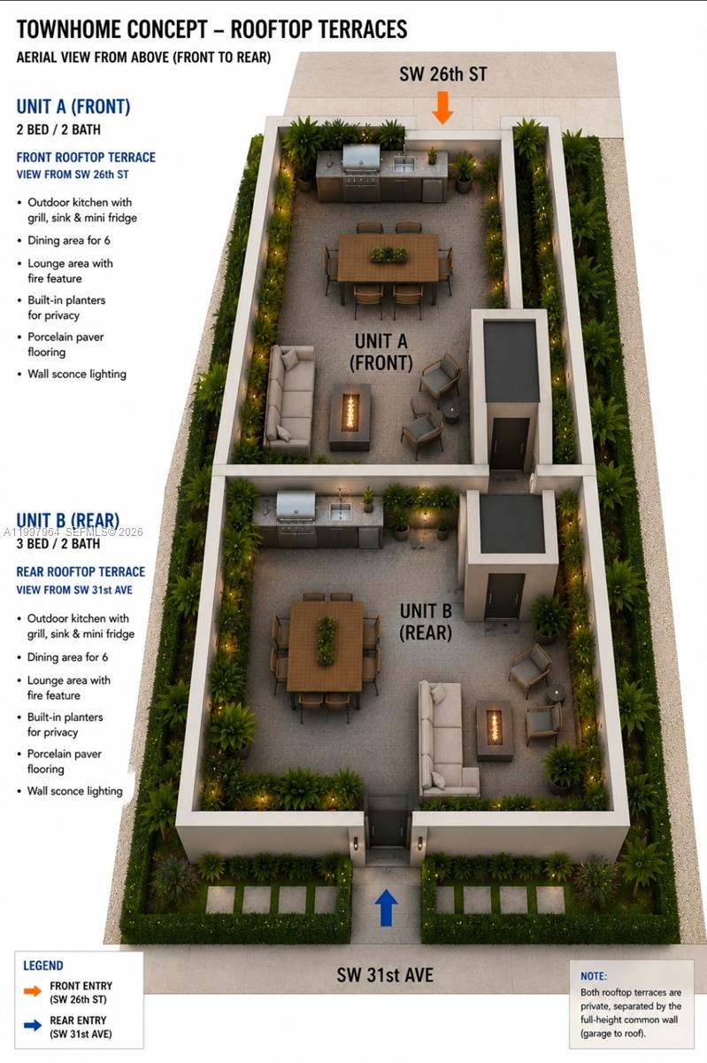 This architectural rendering shows two private rooftop terraces with outdoor kitchens, dining areas, and lounges — 3180 SW 26th St, Miami FL 33133, MIAMI, FL