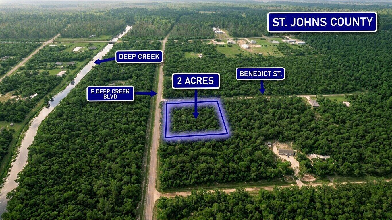 An aerial view shows a rectangular two-acre wooded lot outlined in blue near a road — 4795 Benedict Street, FL 32145, FL