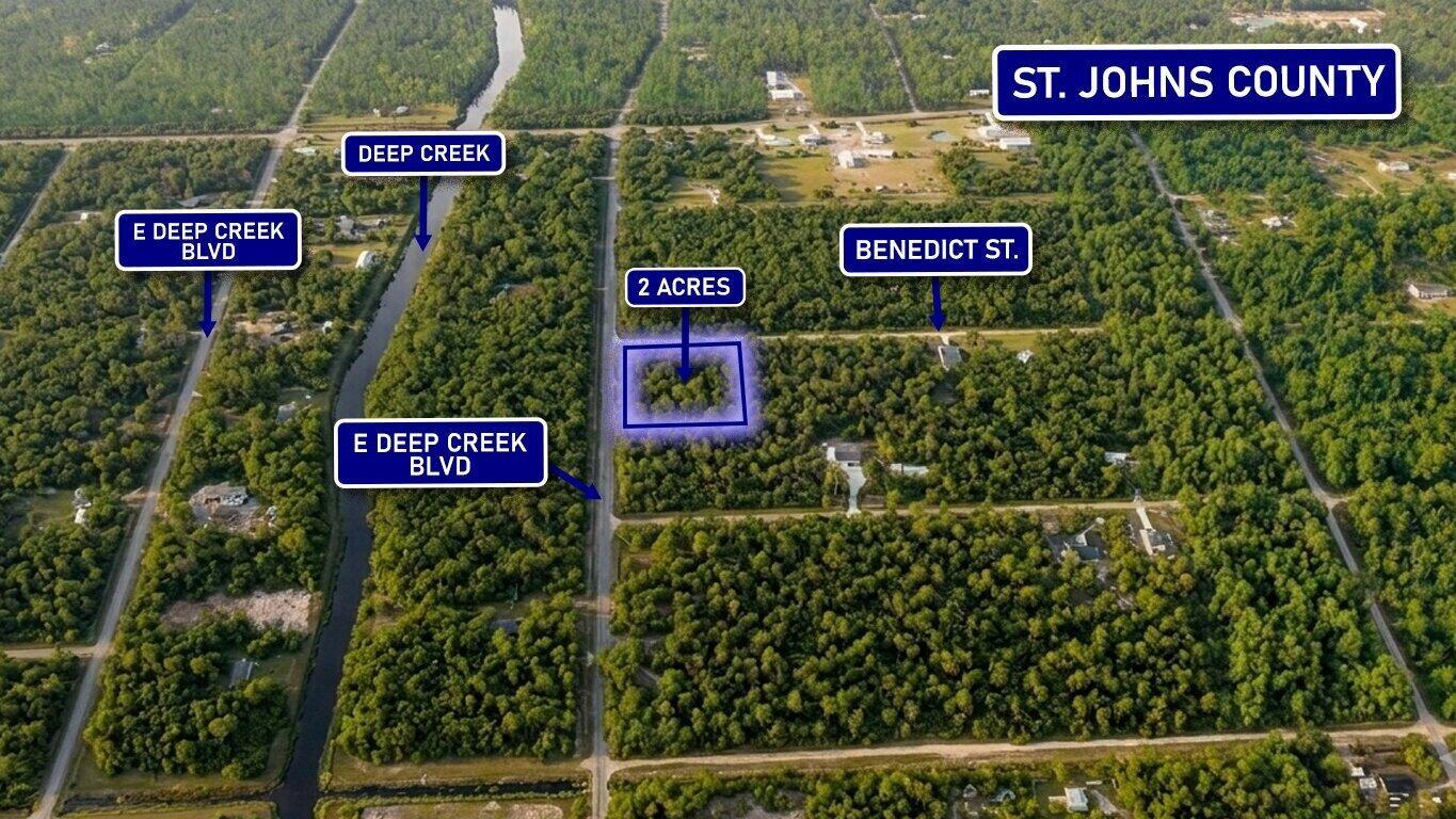 An aerial view shows a wooded two-acre plot of land near roads and a creek — 4795 Benedict Street, FL 32145, FL