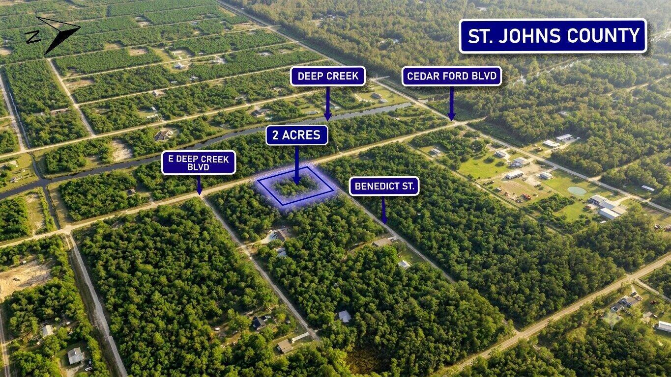 An aerial view shows a highlighted two-acre plot of land near rural roads and trees — 4795 Benedict Street, FL 32145, FL