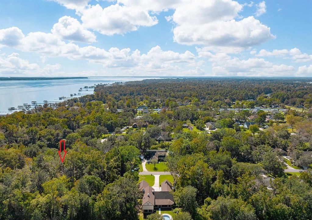 An aerial view shows a wooded residential lot marked with a red arrow near water — RIVERWOOD DRIVE, FLEMING ISLAND, FL