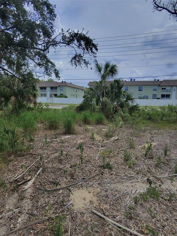 A vacant, overgrown lot with palm trees and apartment buildings in the background — 190 MERES BOULEVARD, TARPON SPRINGS, FL