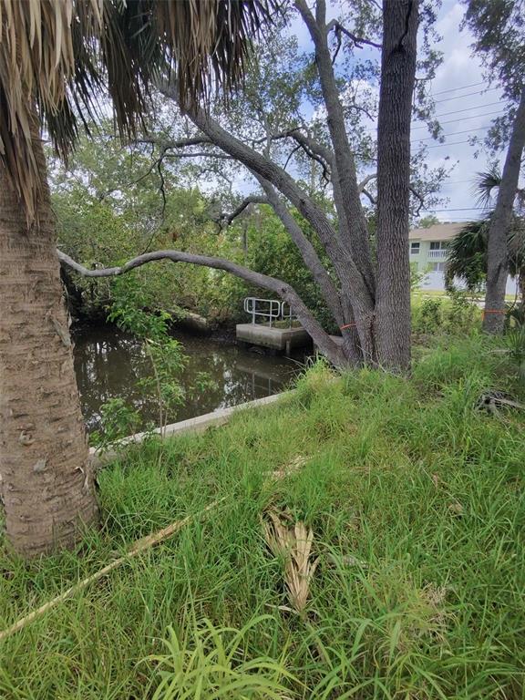 A small concrete dock sits at the edge of a canal surrounded by trees and grass — 190 MERES BOULEVARD, TARPON SPRINGS, FL