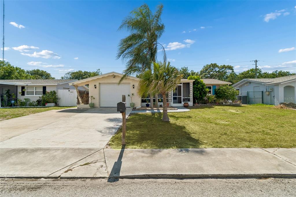 A single-story house with a white garage, a palm tree, and a front lawn — 1853 DARTMOUTH DRIVE, HOLIDAY, FL