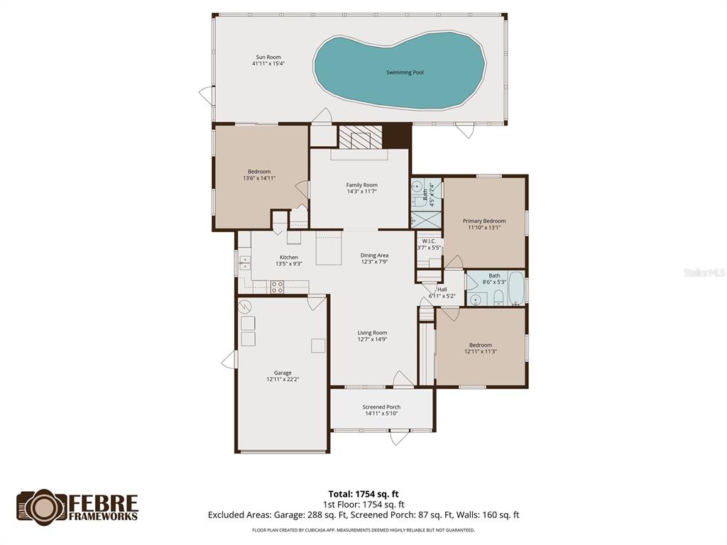 This is a floor plan of a house featuring three bedrooms, a pool, and a garage — 1853 DARTMOUTH DRIVE, HOLIDAY, FL