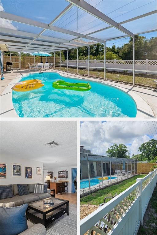 A collage shows a screened-in pool, a living room with gray furniture, and a fenced yard — 1853 DARTMOUTH DRIVE, HOLIDAY, FL