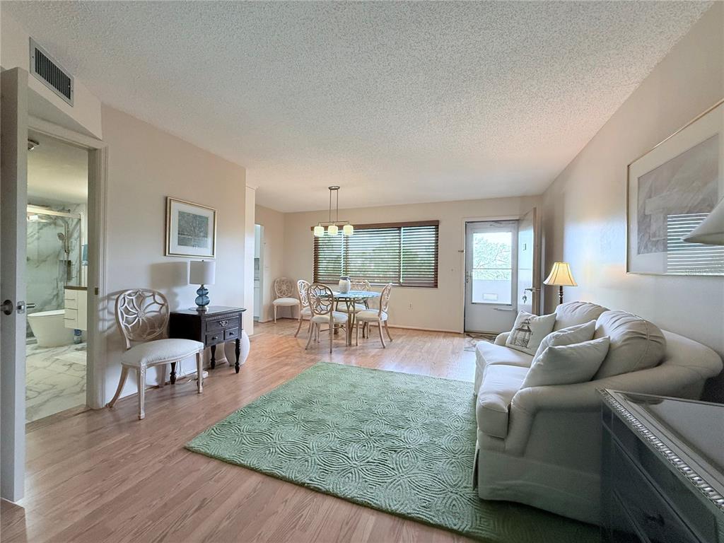 A living and dining area features light wood flooring, a green rug, and white furniture — 4460 IRONWOOD CIRCLE UNIT 304A, BRADENTON, FL